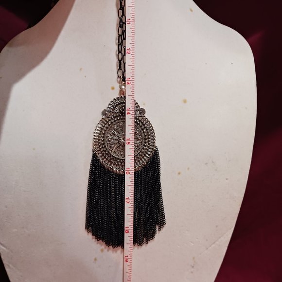 Handmade Black and Dark Silver Tassel Statement Fashion Medallion Necklace - Picture 5 of 8